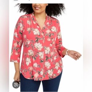 NWT Charter Club Plus Size 2X Coral Floral-Print Pleated-Neck Top